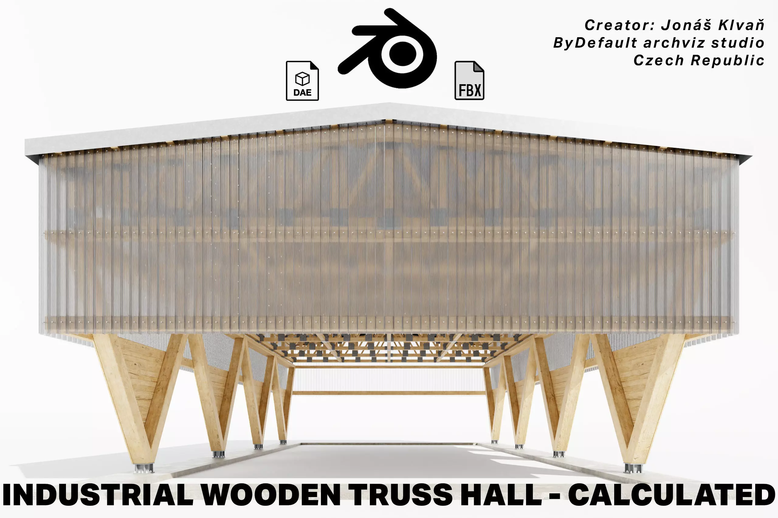 Industrial wooden truss hall - calculated 3D model_0