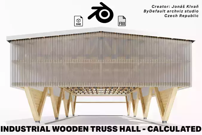 Industrial wooden truss hall - calculated 3D model