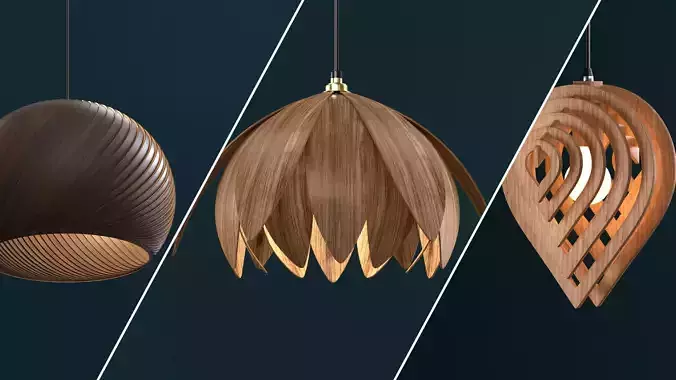 Wooden hanging lamp - three piece 3D model