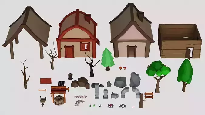 Low poly Nature assets for 3D games houses trees rocks road well