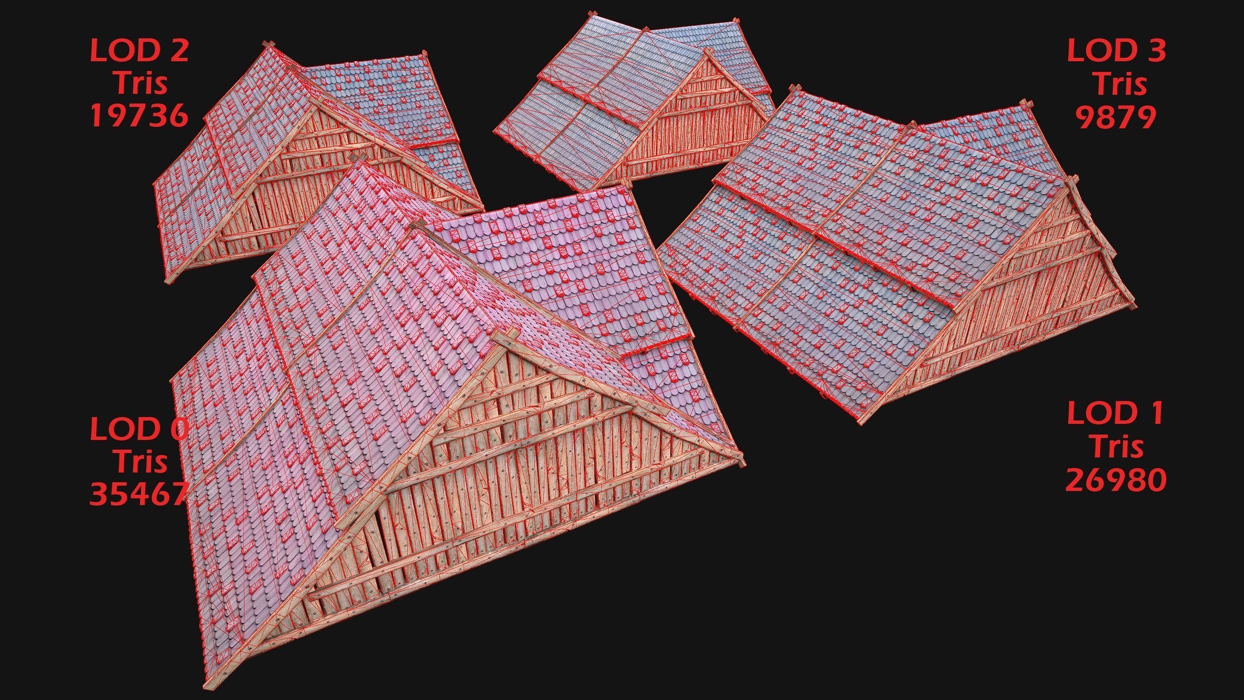 Medieval Tiled Roof for House Low-poly 3D model_7