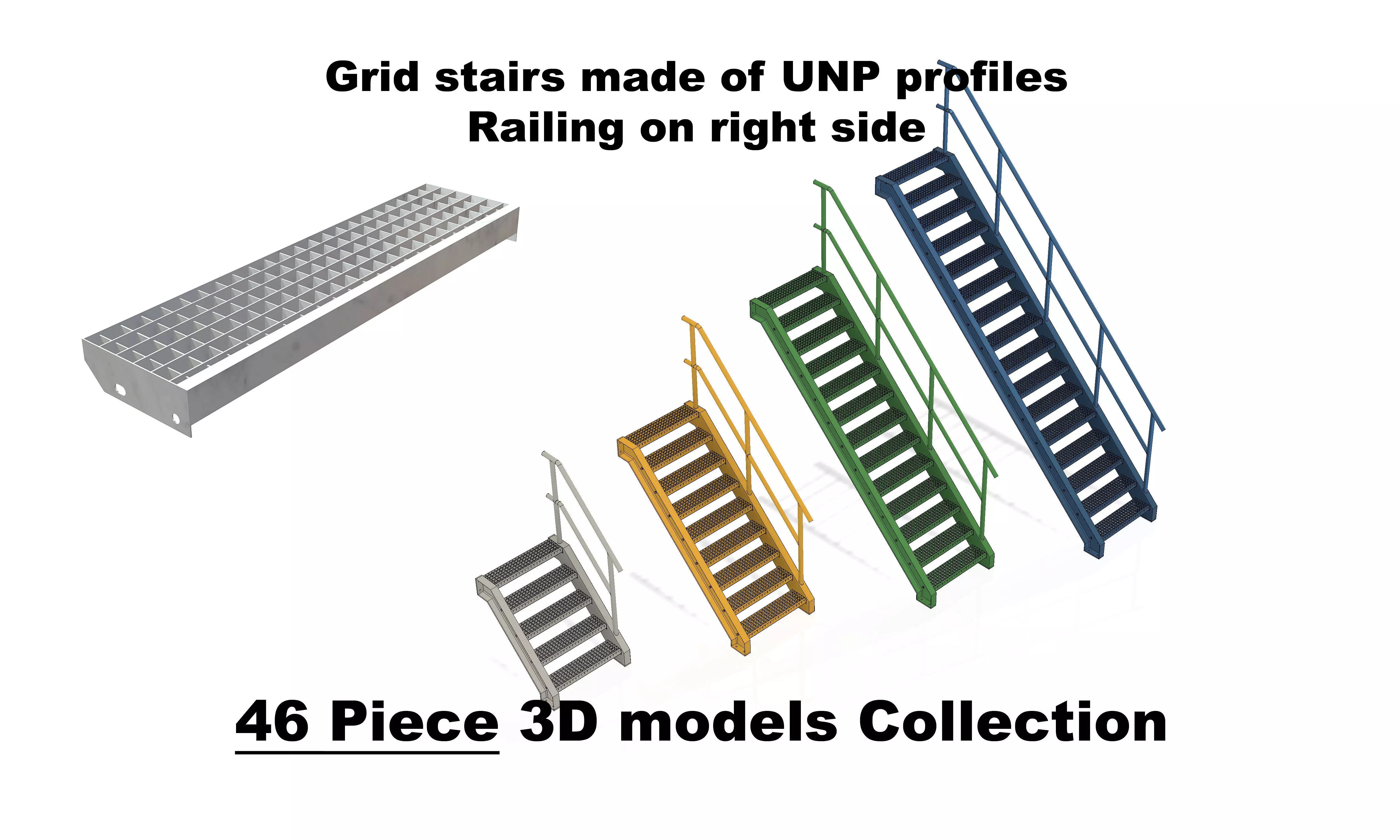 Grid stairs collection - handrail on right side - 46 versions 3D model_0