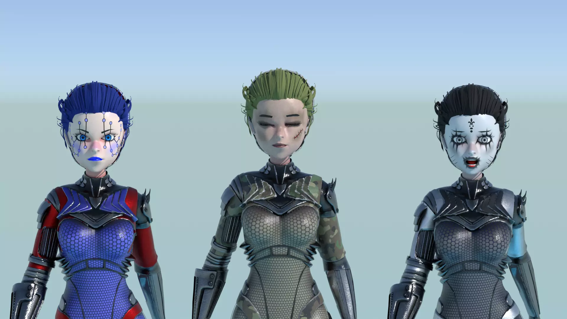 Asymmetric Robotic Characters Cyborg Girl Pack Low-poly 3D model_8