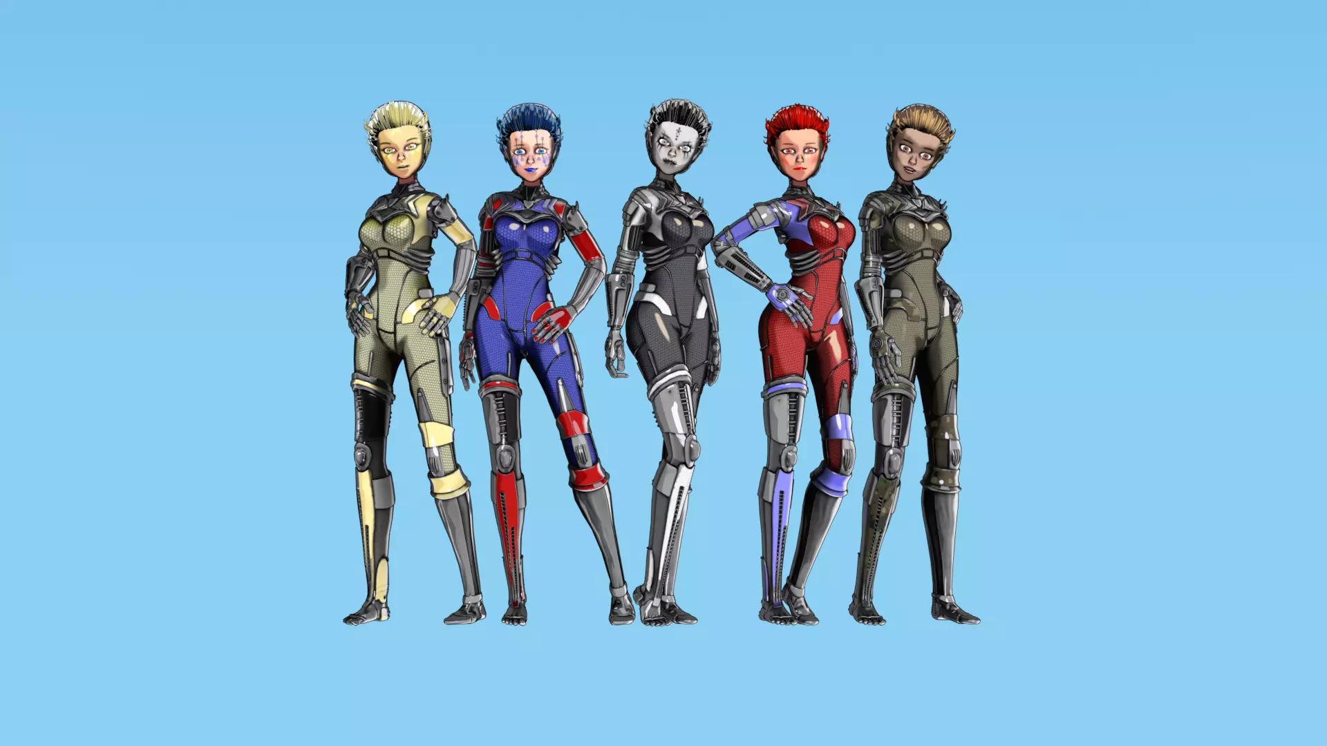 Asymmetric Robotic Characters Cyborg Girl Pack Low-poly 3D model_1