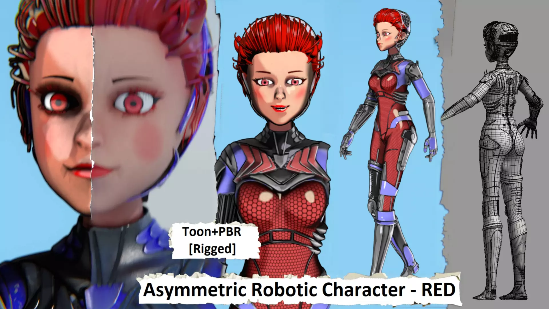 Asymmetric Robotic Characters Cyborg Girl Pack Low-poly 3D model_15