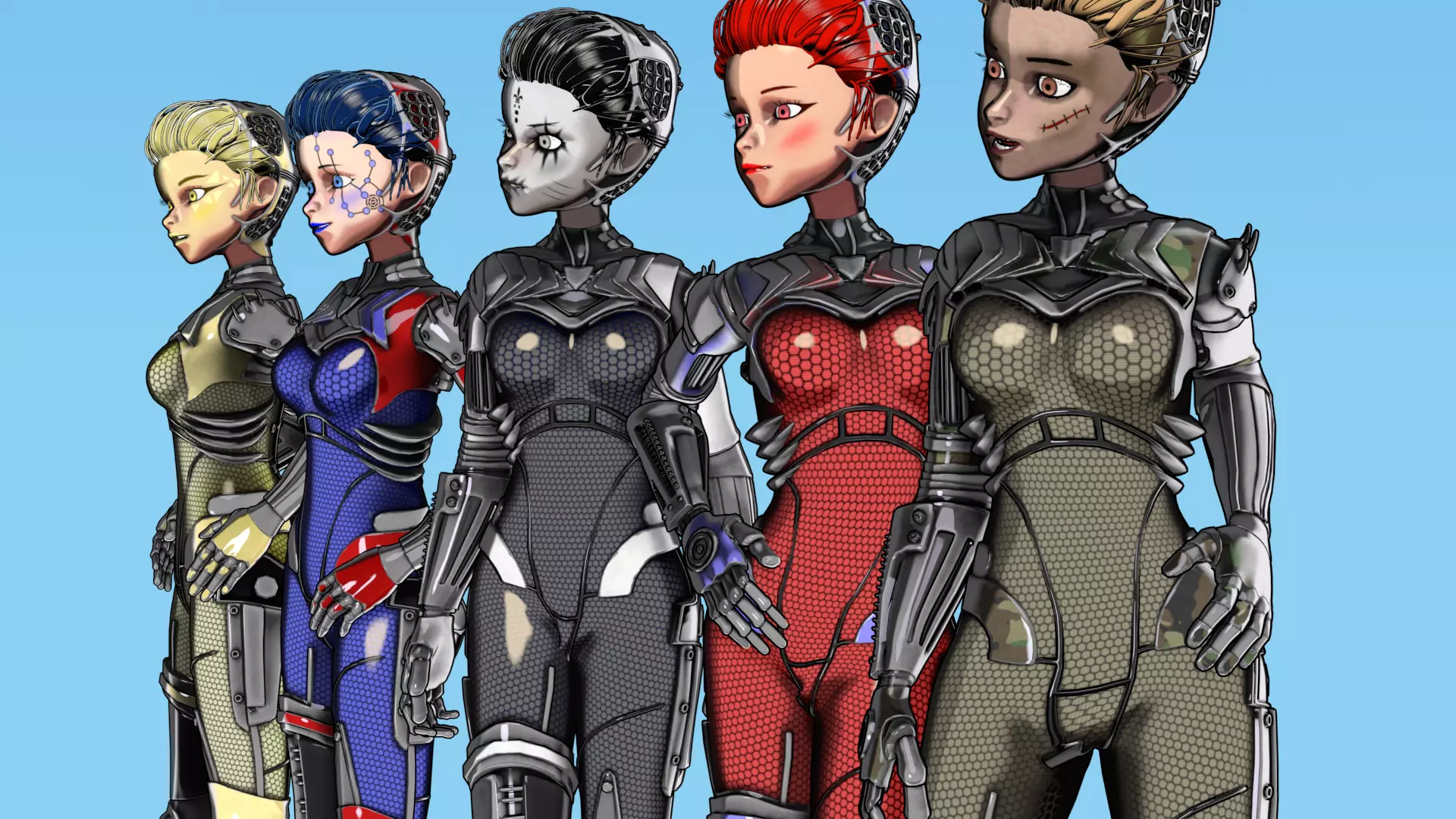 Asymmetric Robotic Characters Cyborg Girl Pack Low-poly 3D model_4