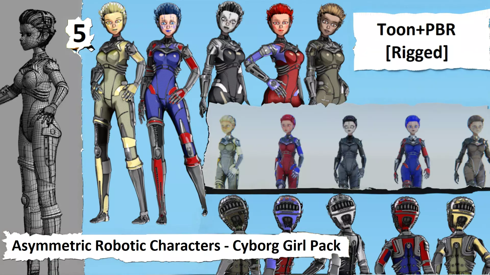 Asymmetric Robotic Characters Cyborg Girl Pack Low-poly 3D model_0