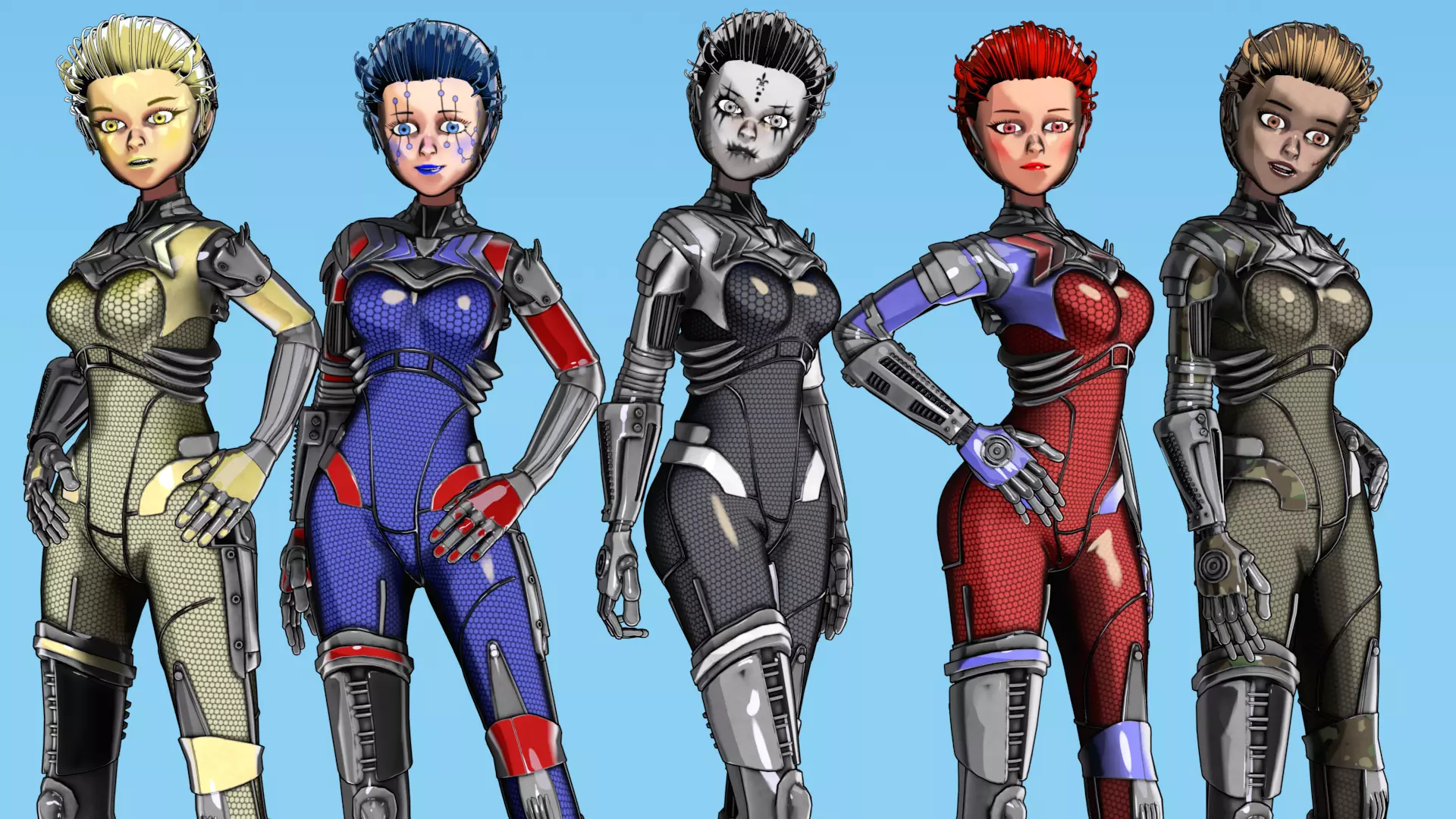 Asymmetric Robotic Characters Cyborg Girl Pack Low-poly 3D model_2