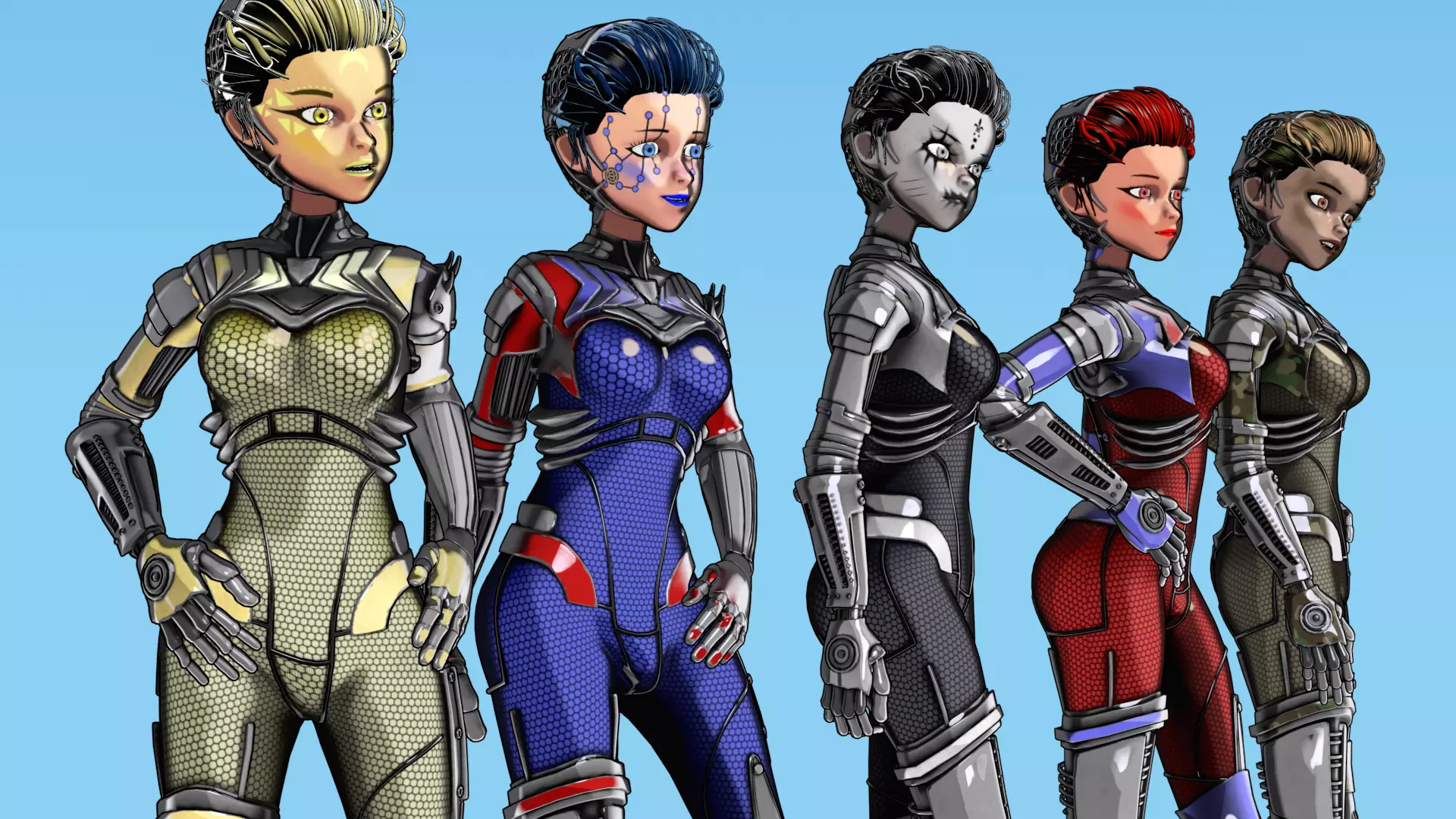 Asymmetric Robotic Characters Cyborg Girl Pack Low-poly 3D model_3