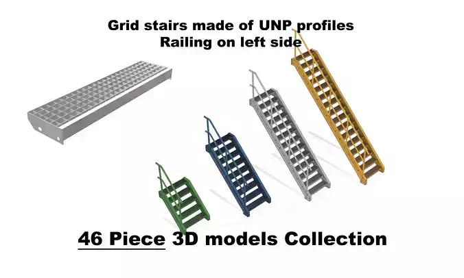 Grid stairs collection - handrail on left side - 46 versions 3D model