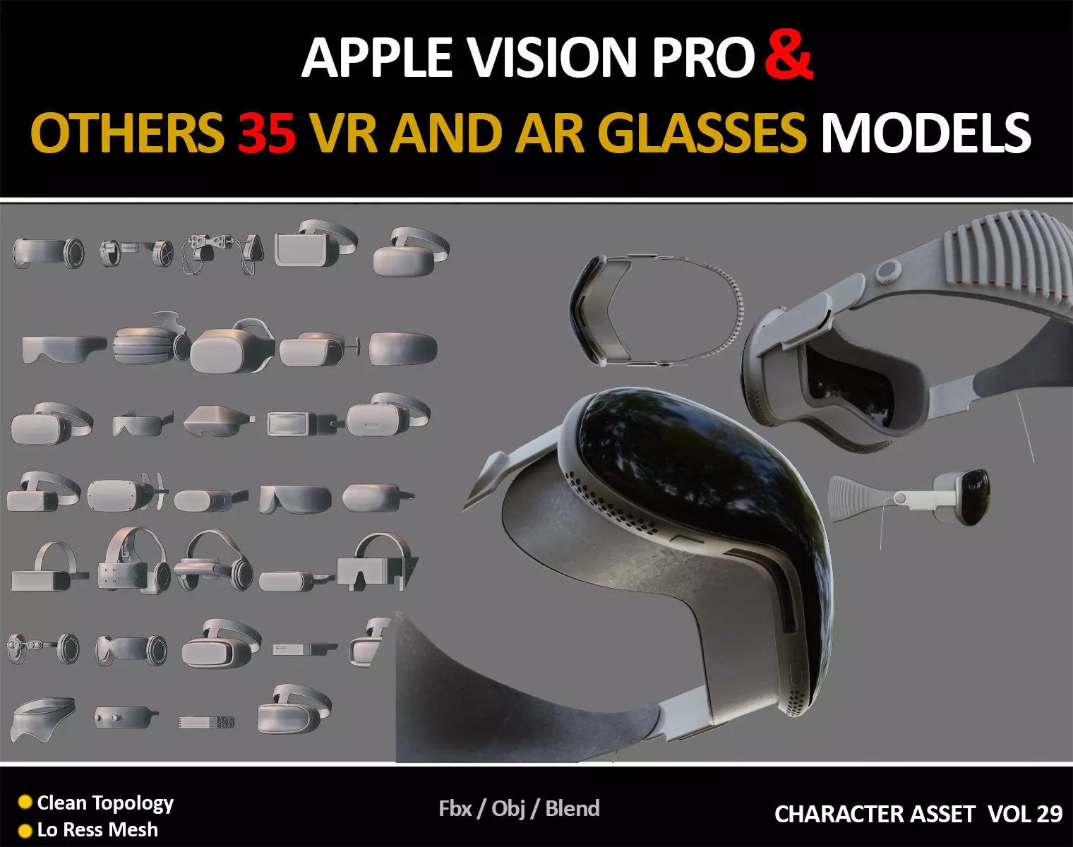 APPLE VISION PRO and 35 VR AND AR GLASSES MODELS Low-poly 3D model_0