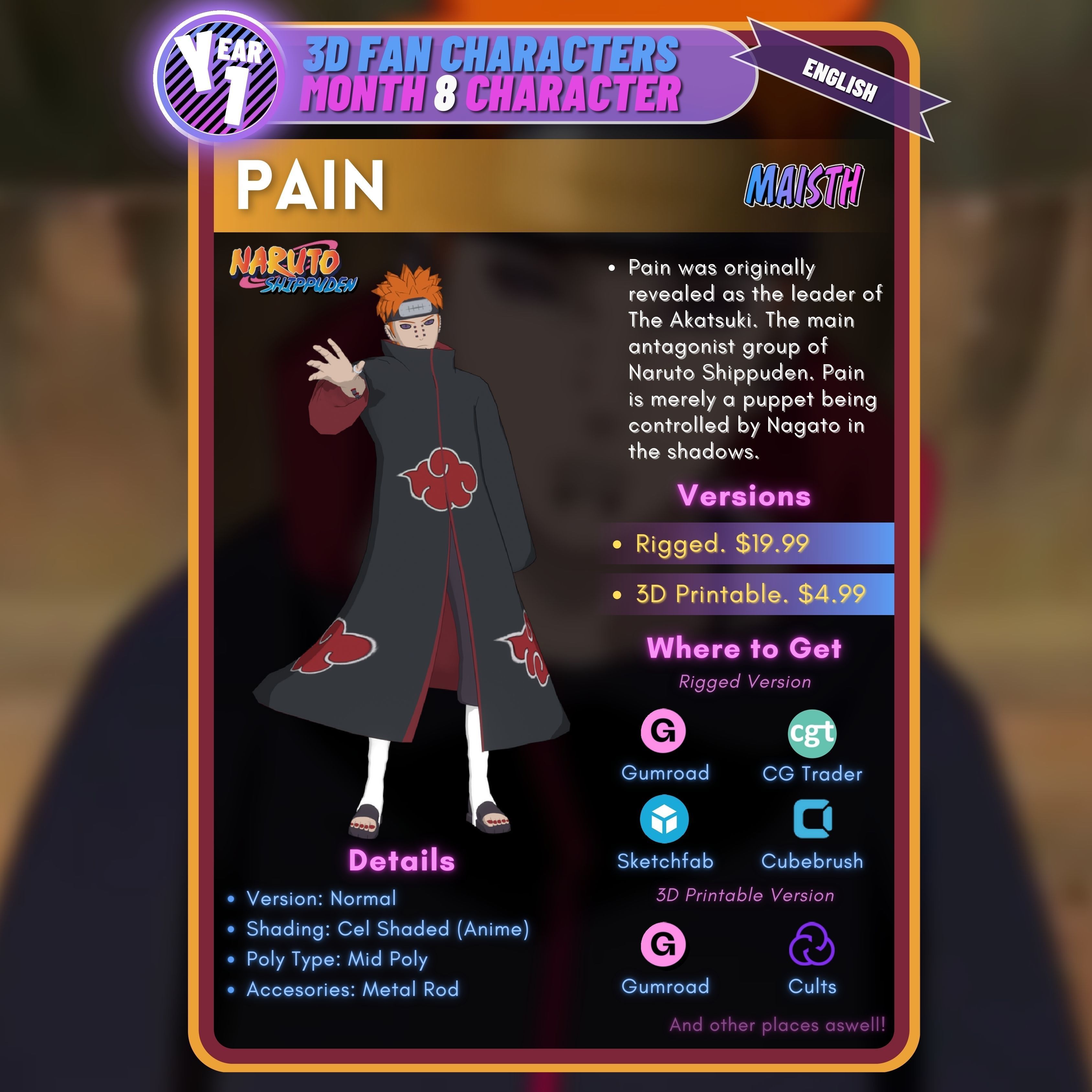 Pain - Naruto Shippuden - 3D Model - Rigged 3D model_2