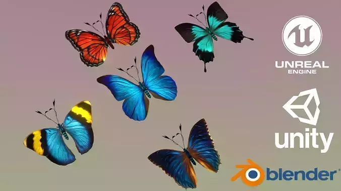 Butterflies Animated  Low-poly 3D model