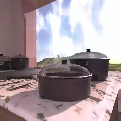 Cooking Set kitchen with pots and pans on counter 3D model