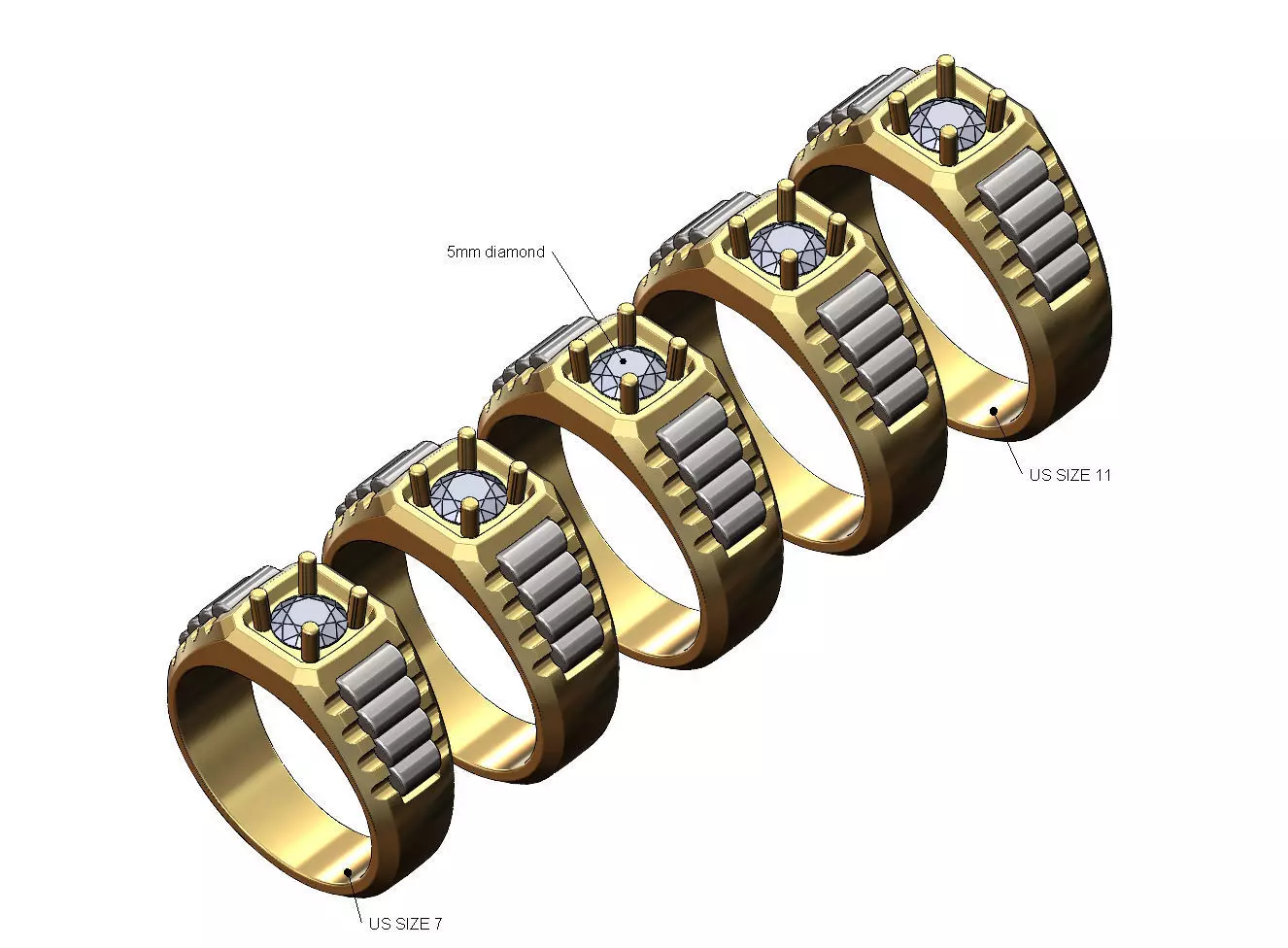 Diamond solitaire presidential link inserts ring US sizes 7to11 3D print model_0