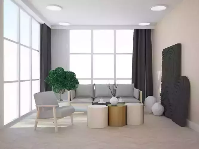 Modern natural living room with furnitures and curtains