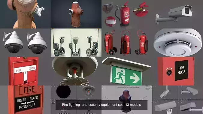 Fire fighting  and security equipment set 3D Model Collection