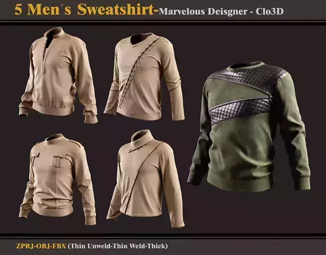 5 Men Sweatshirt -MD-Clo3D -ZPRJ - FBX - OBJ 