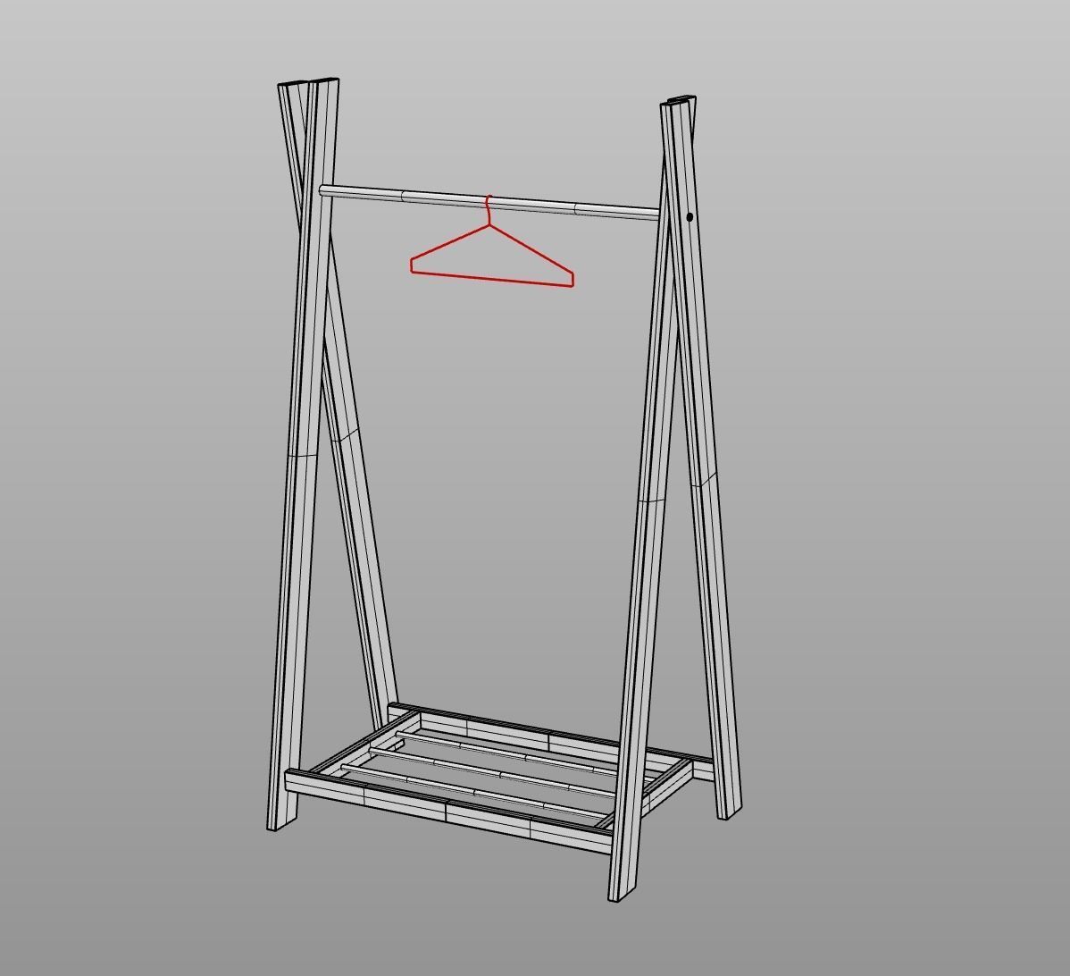 Wooden clothes rack and hanger 3D model_3