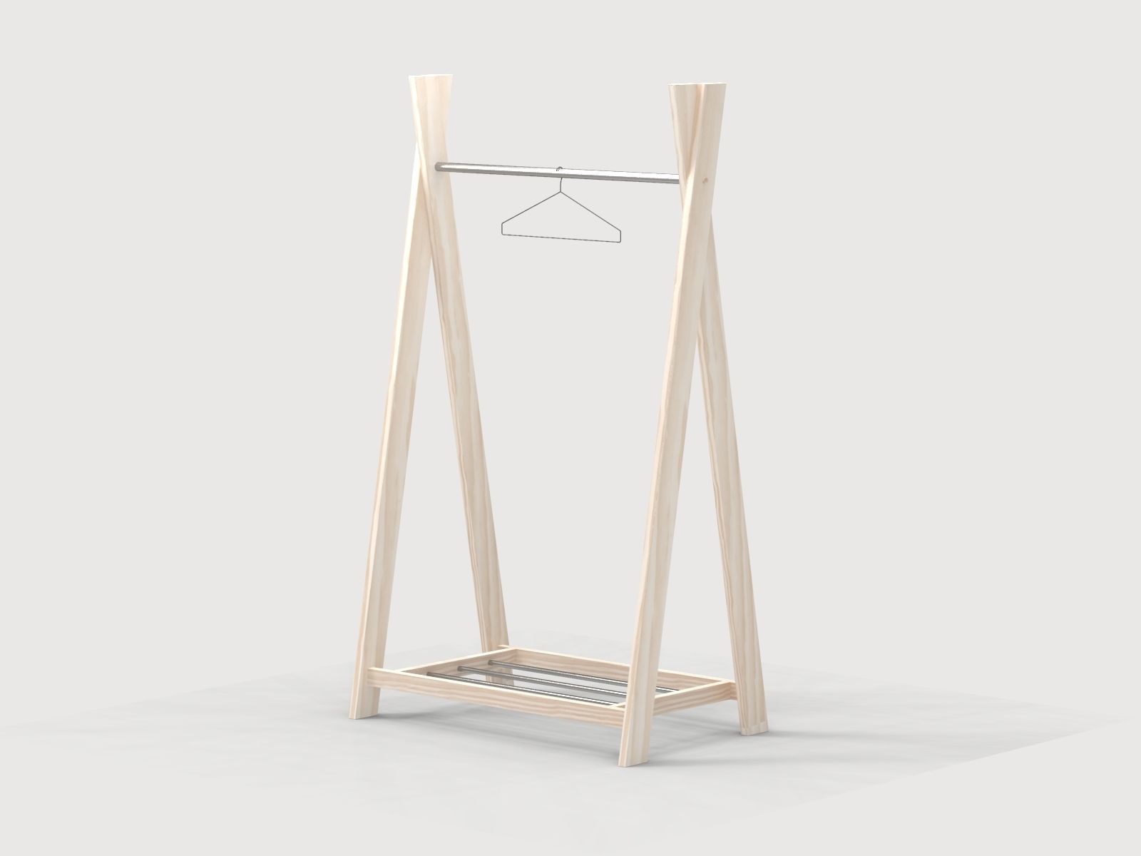 Wooden clothes rack and hanger 3D model_2