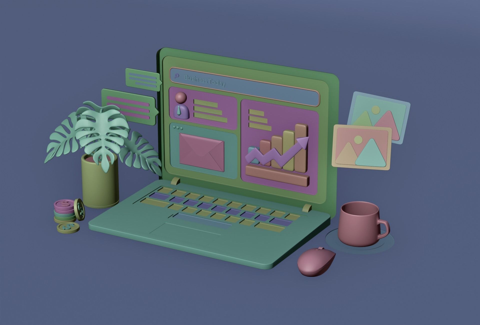 Cartoon Laptop with Business today 3D Illustration Low-poly Low-poly 3D model_4