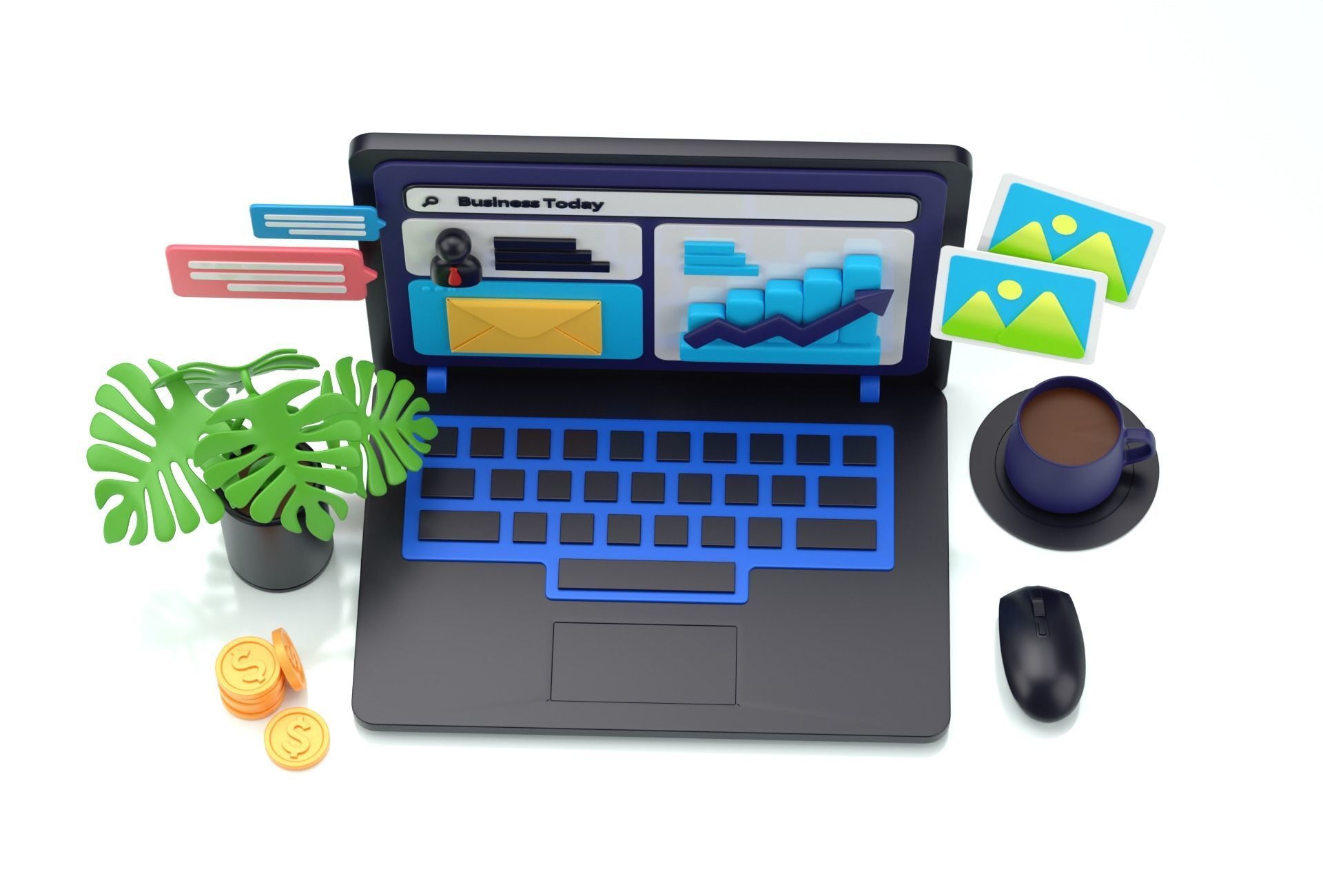 Cartoon Laptop with Business today 3D Illustration Low-poly Low-poly 3D model_13