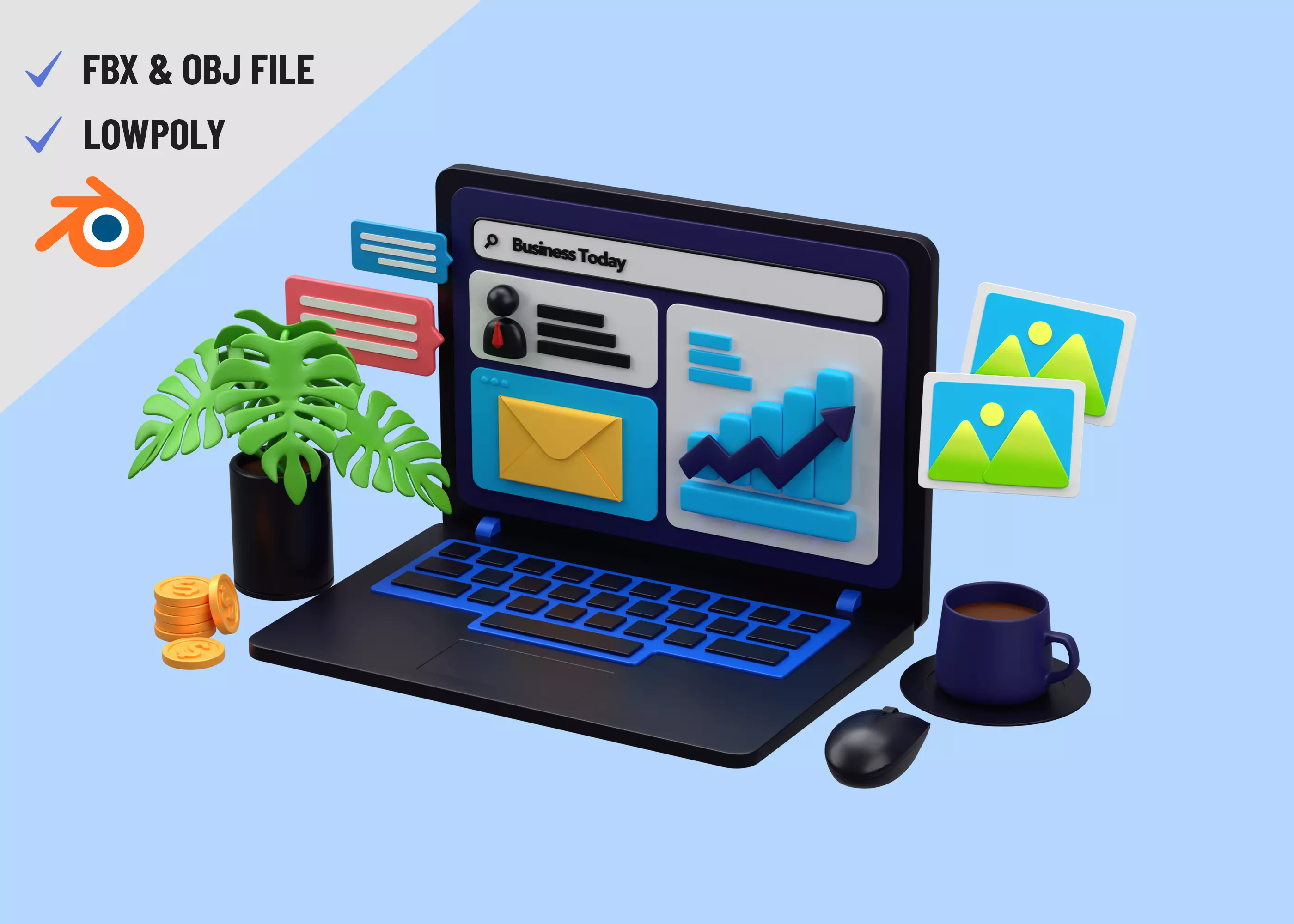 Cartoon Laptop with Business today 3D Illustration Low-poly Low-poly 3D model_0