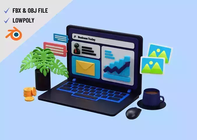Cartoon Laptop with Business today 3D Illustration Low-poly Low-poly 3D model Cartoon Laptop with Business today 3D Illustration Low-poly Low-poly 3D model