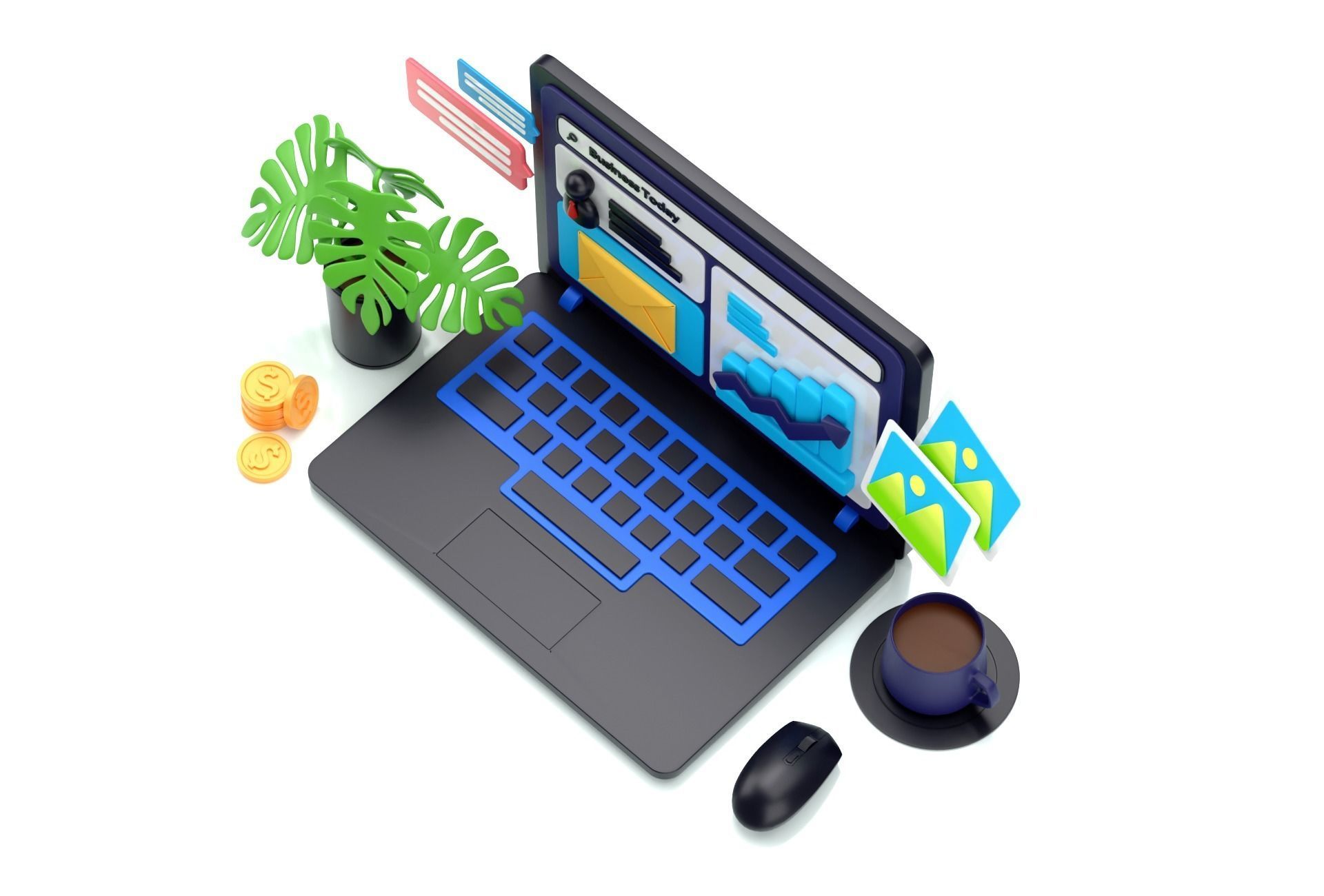 Cartoon Laptop with Business today 3D Illustration Low-poly Low-poly 3D model_2