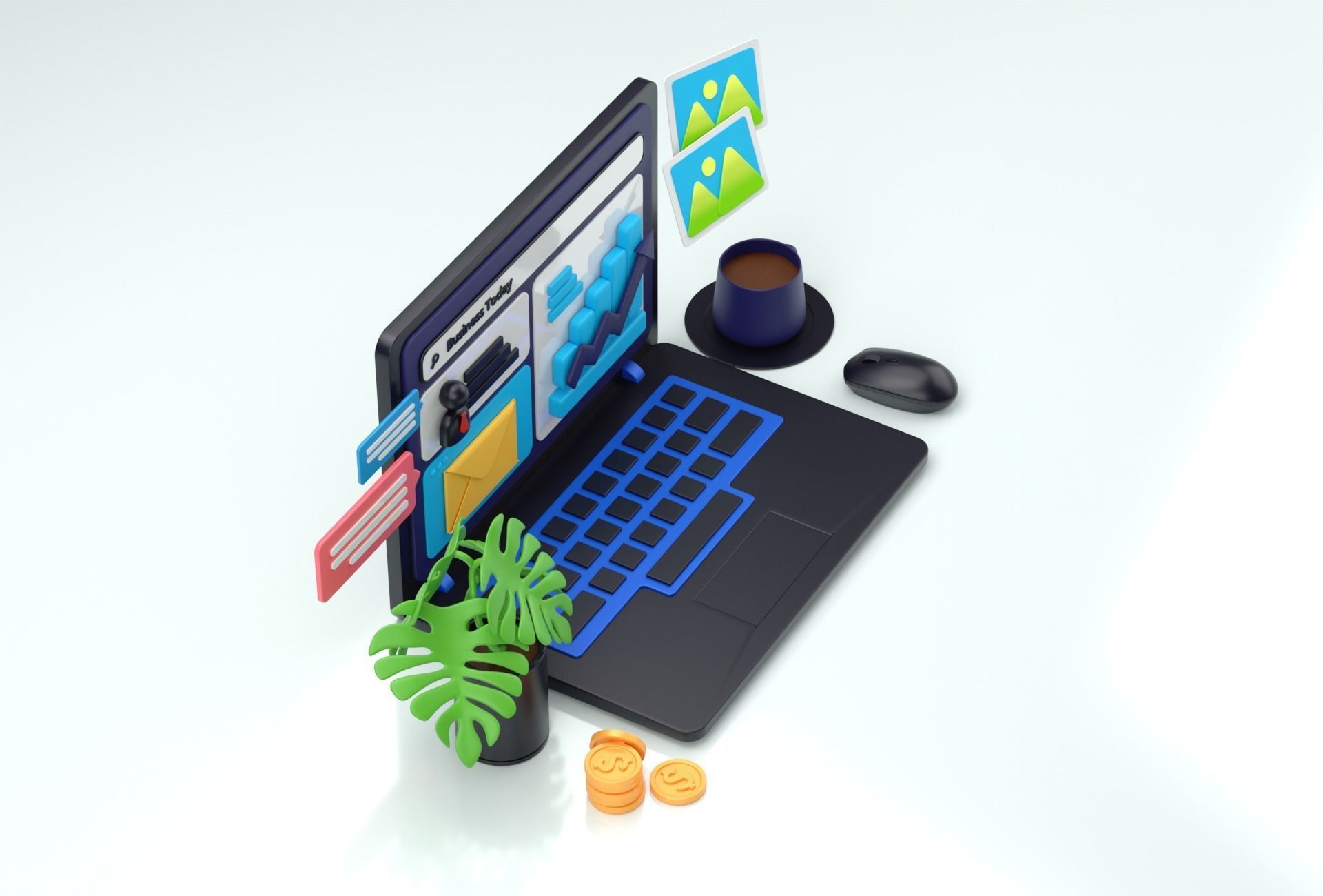 Cartoon Laptop with Business today 3D Illustration Low-poly Low-poly 3D model_10