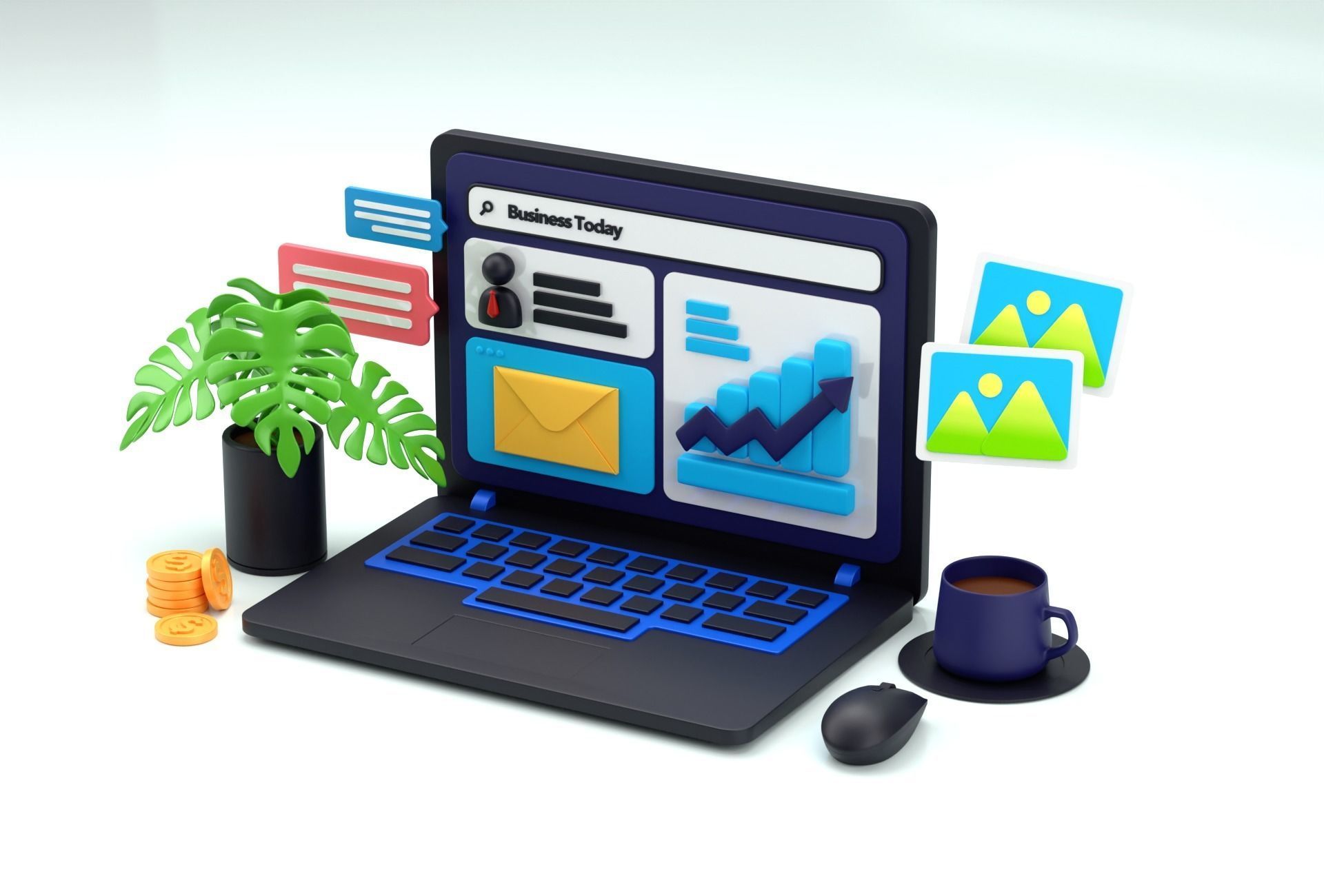 Cartoon Laptop with Business today 3D Illustration Low-poly Low-poly 3D model_1