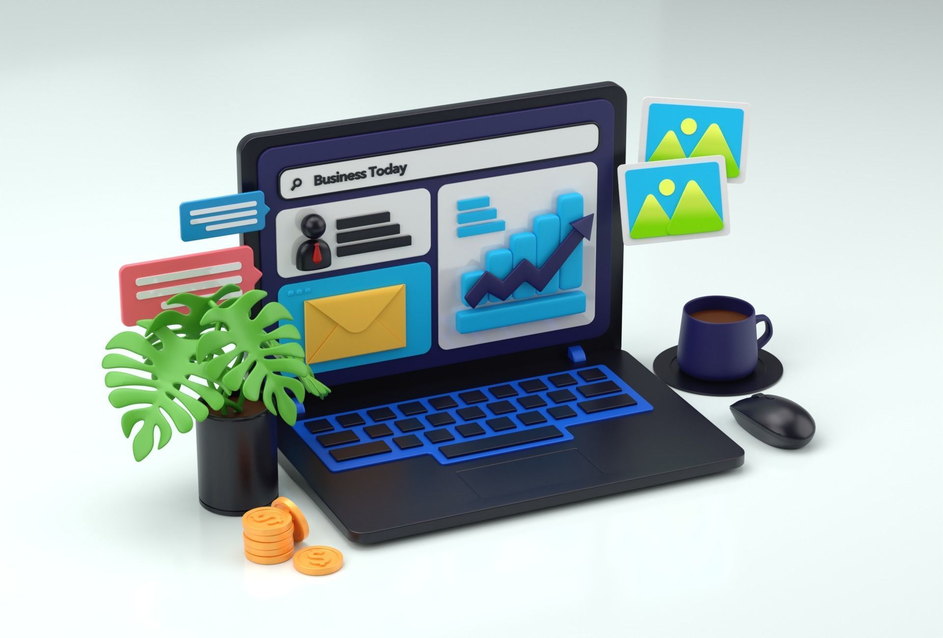 Cartoon Laptop with Business today 3D Illustration Low-poly Low-poly 3D model_6