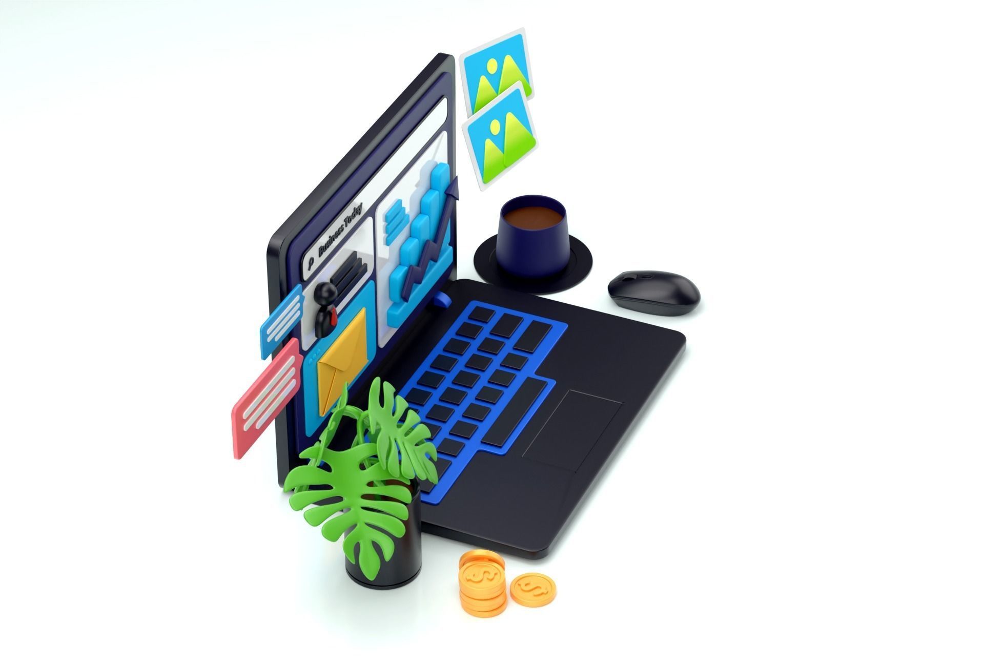 Cartoon Laptop with Business today 3D Illustration Low-poly Low-poly 3D model_3