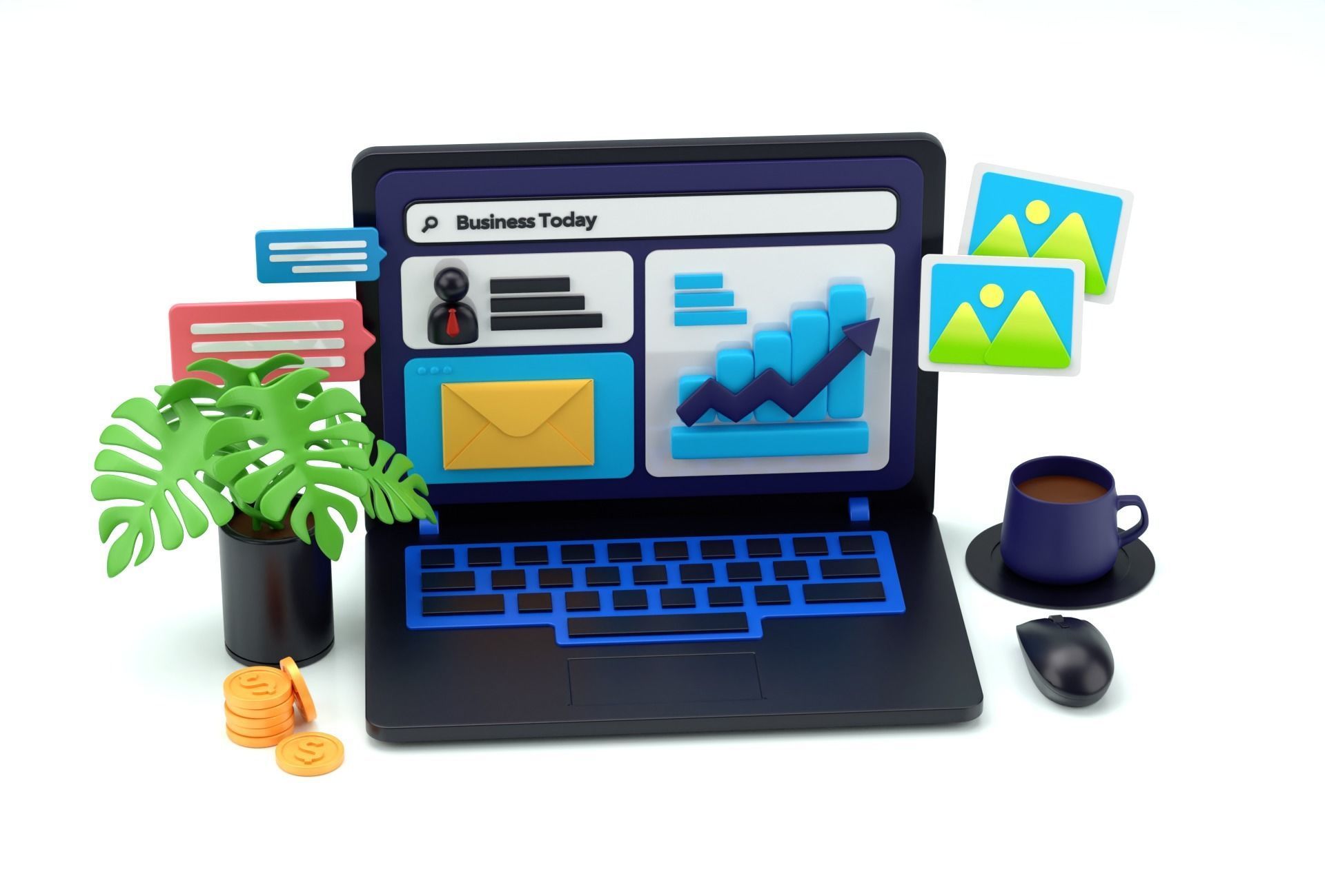 Cartoon Laptop with Business today 3D Illustration Low-poly Low-poly 3D model_12