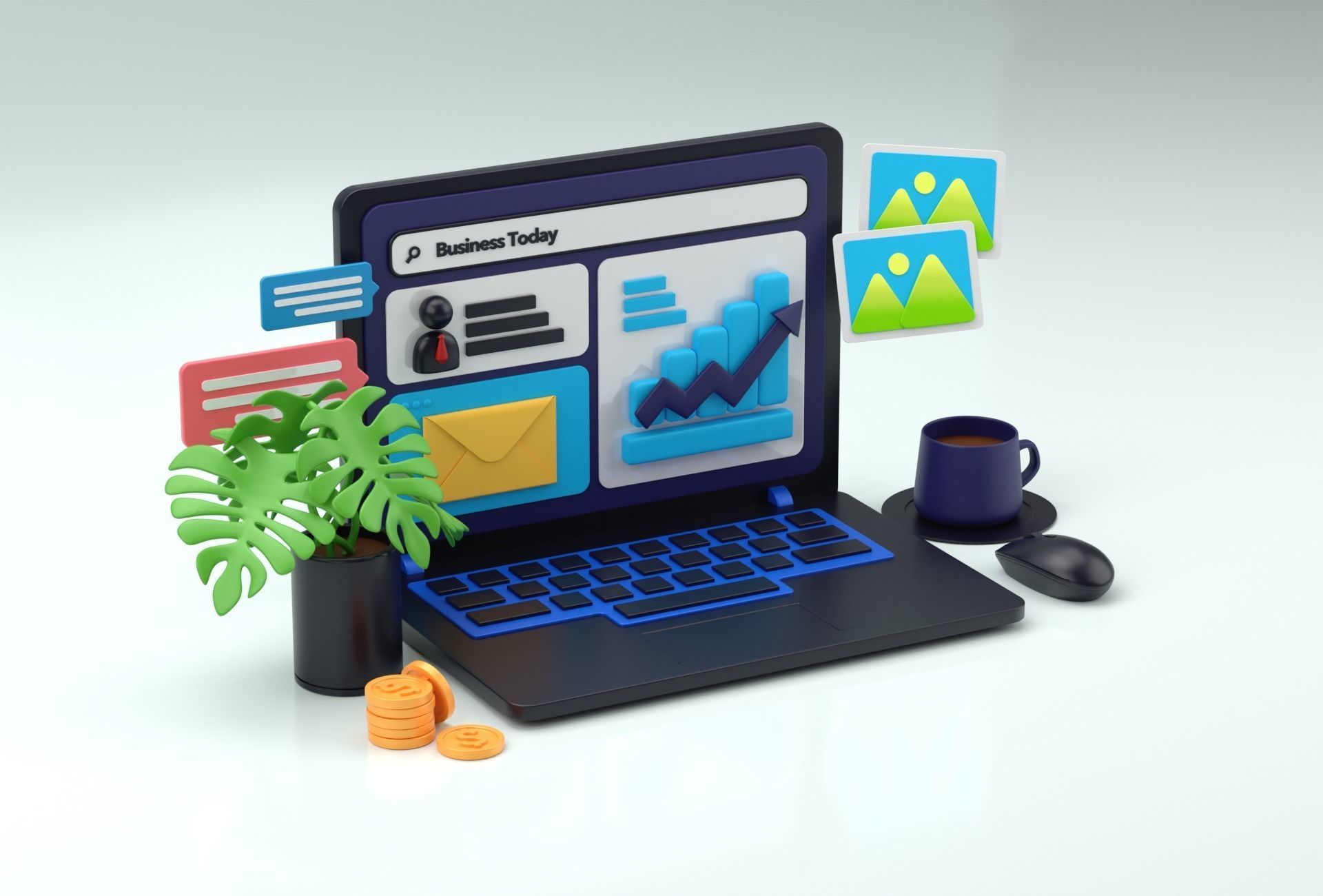 Cartoon Laptop with Business today 3D Illustration Low-poly Low-poly 3D model_11