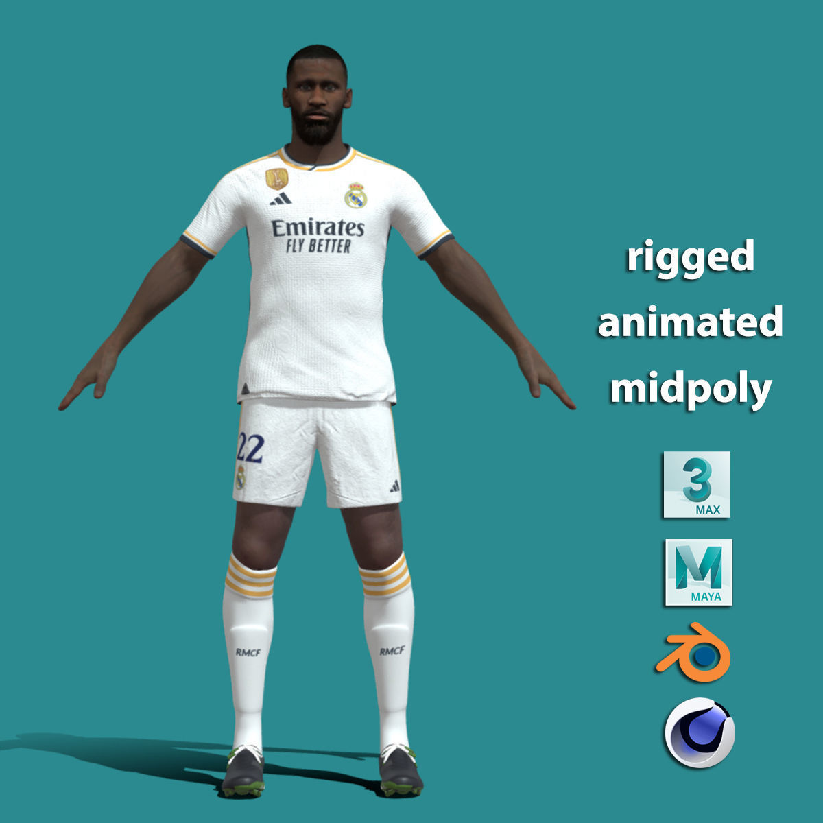 T-Pose Rigged Rudiger Real Madrid 23-24 3D model_2