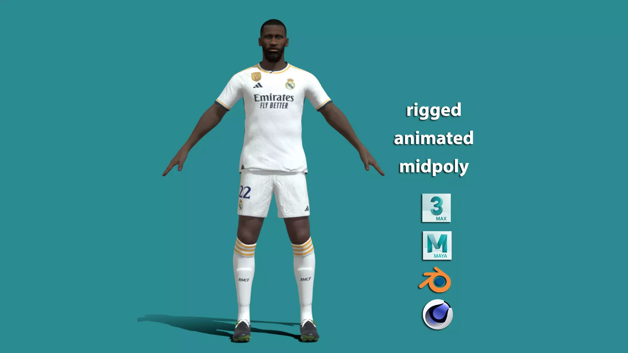 T-Pose Rigged Rudiger Real Madrid 23-24 3D model_0