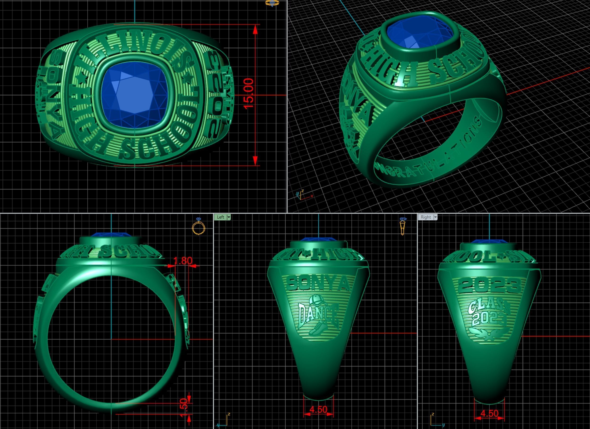 Personalized Class Ring  17- Cushion Square Stone Top Size 7 3D print model_4