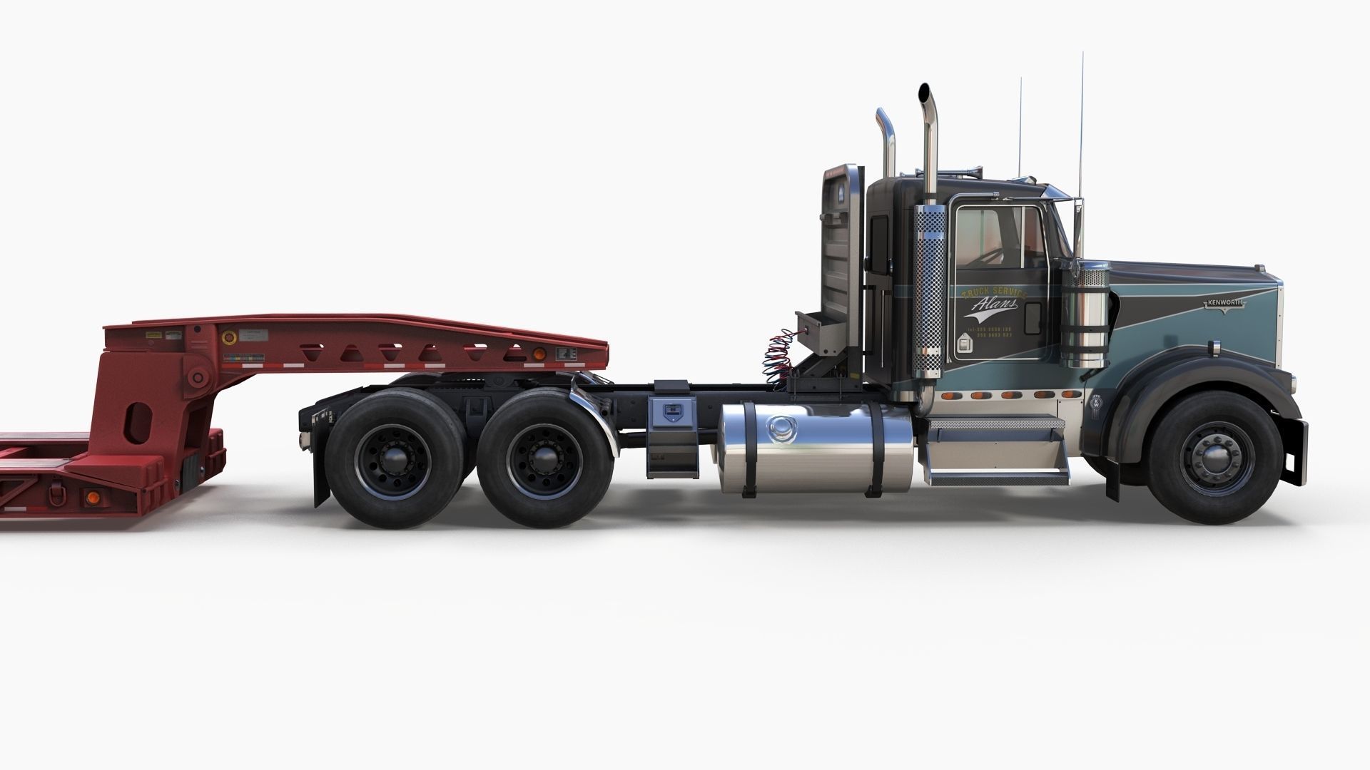 Kenworth W900L lowboy semitruck Low-poly 3D model_11