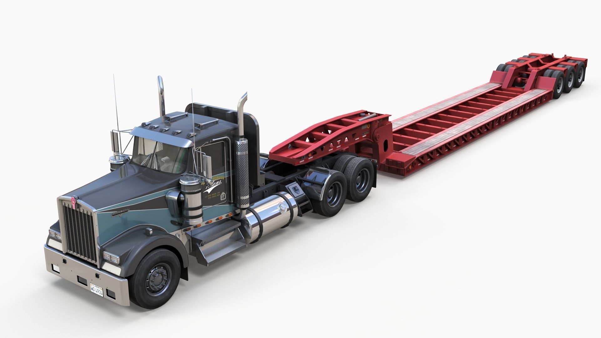 Kenworth W900L lowboy semitruck Low-poly 3D model_9