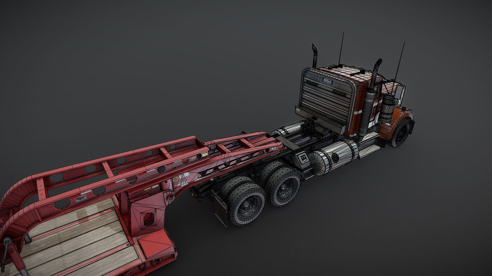 Kenworth W900L lowboy semitruck Low-poly 3D model_30