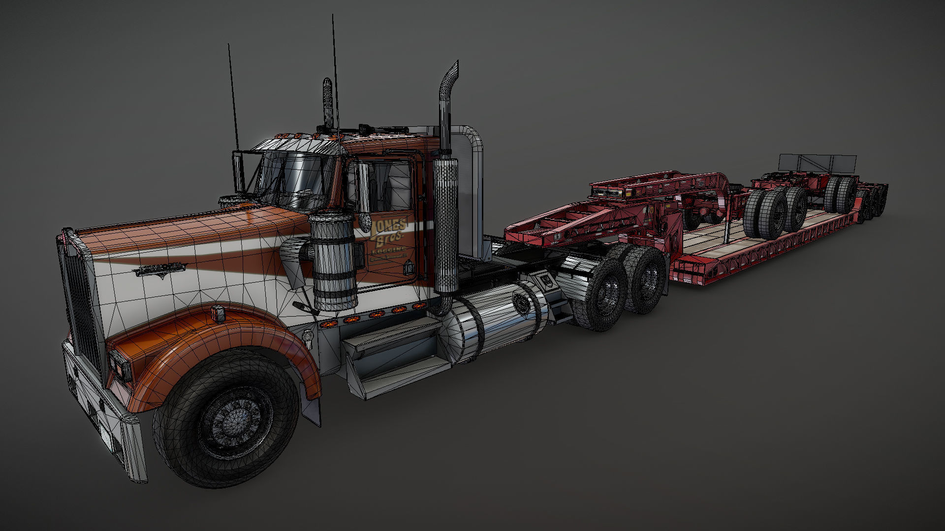 Kenworth W900L lowboy semitruck Low-poly 3D model_32