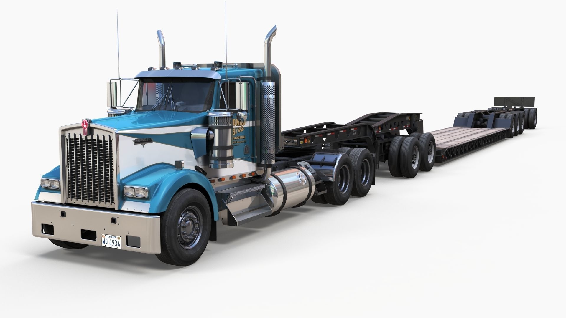 Kenworth W900L lowboy semitruck Low-poly 3D model_1