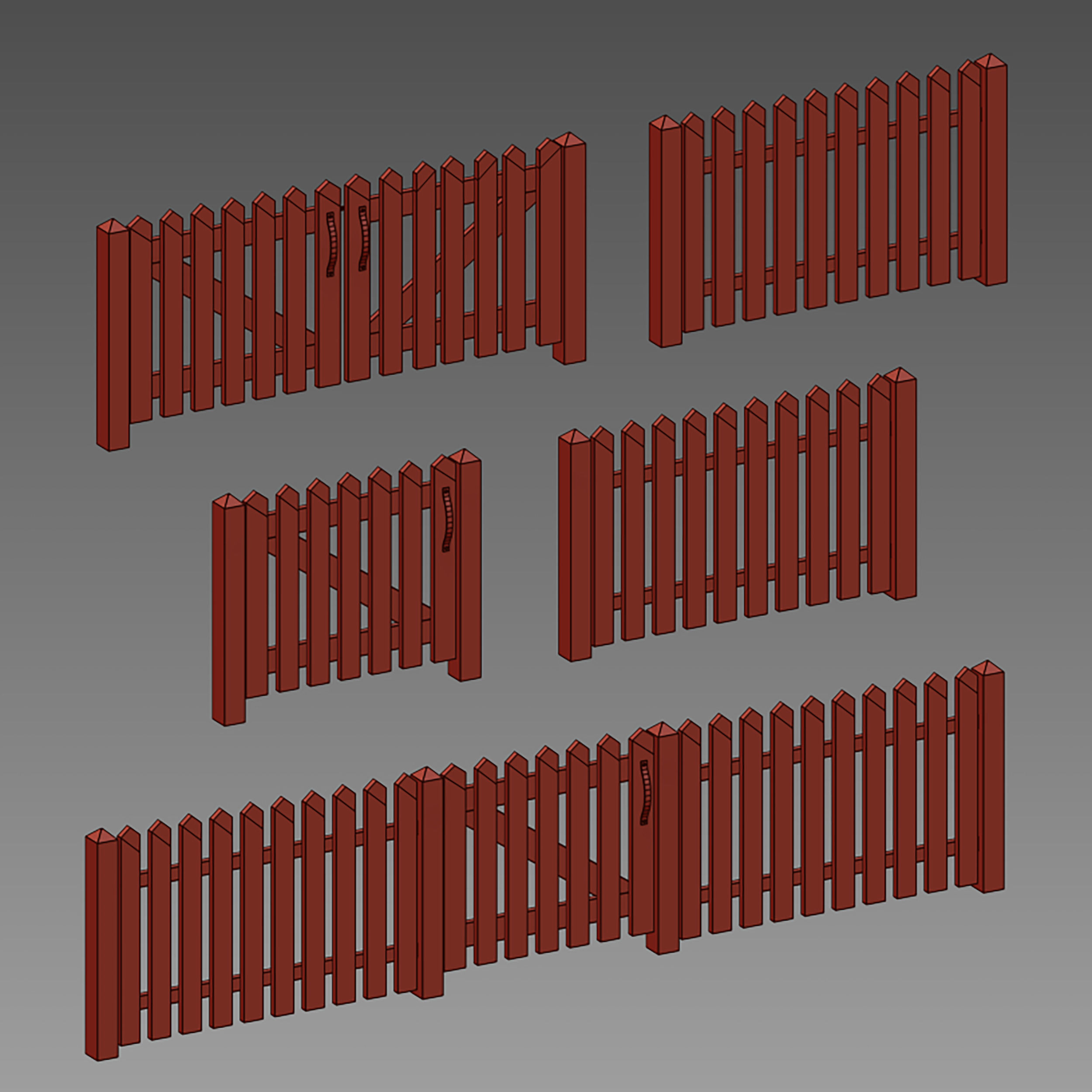 Wooden picket fence with wicket and gate 3D model_19