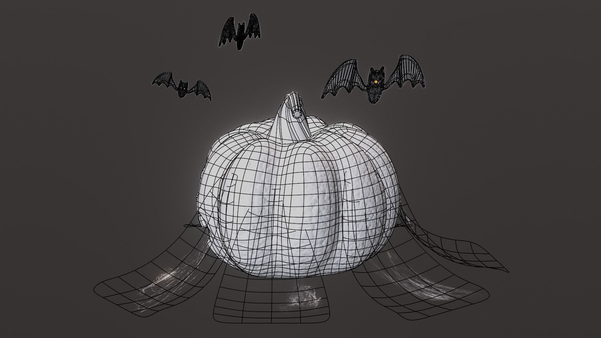 Halloween Pumpkin with Bats and Web Low-poly 3D model_14