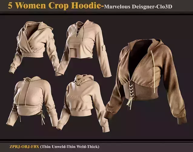 5 Women Crop Hoodie -MD-Clo3D -ZPRJ - FBX - OBJ