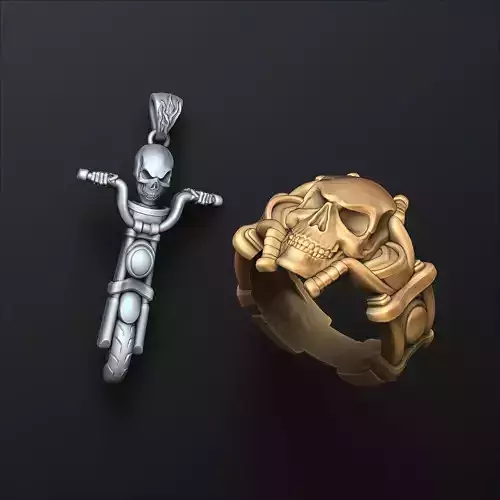 Skull biker pendant ring collection 3D print model
