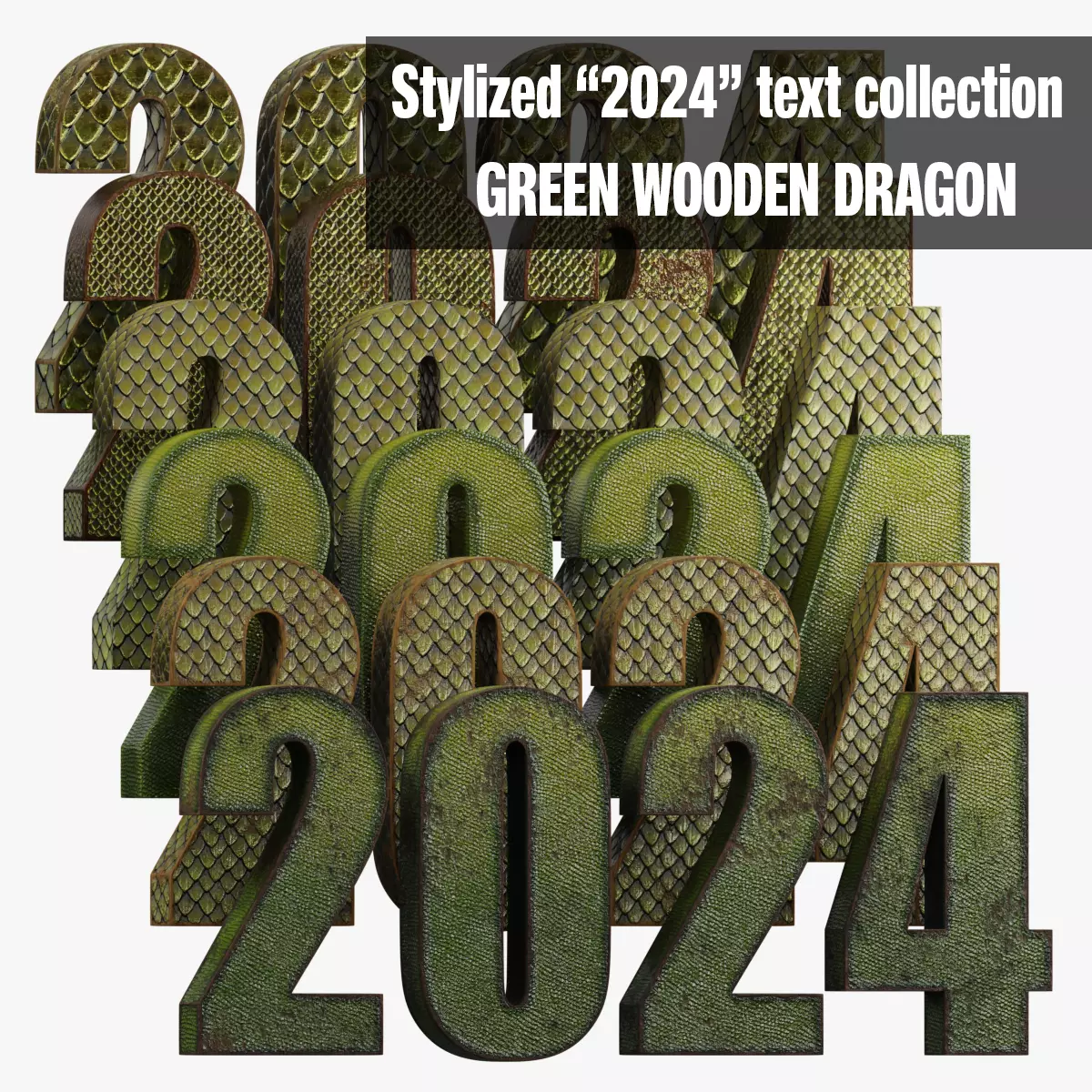 2024 GREEN WOODEN DRAGON - Stylized 3D text collection Low-poly 3D model_0