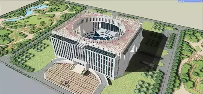 SU model of a modern government office building and its plaza