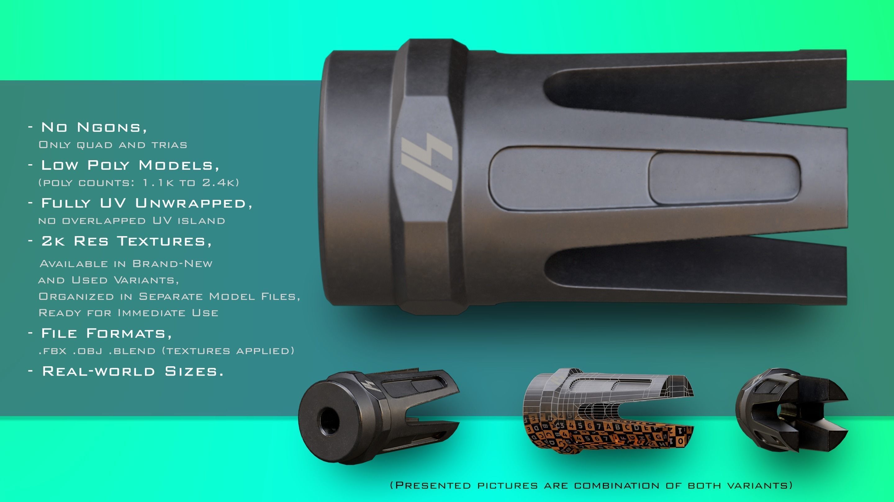 10 Muzzle Devices - Muzzle brake Flash Hider Silencer Low-poly 3D model_8